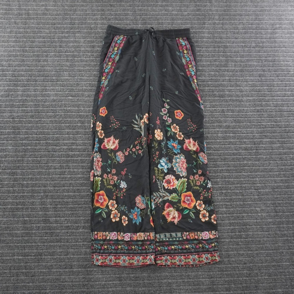 Johnny Was Wide Leg Pants Womens Size M Black Floral Rayon Drawstring CSW3222-J